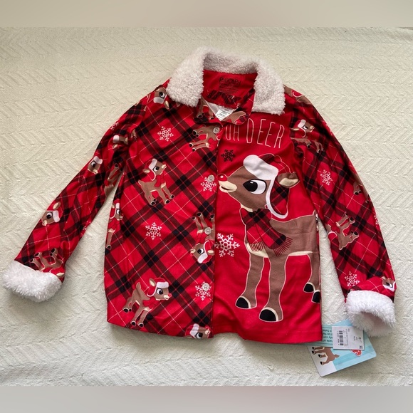 Rudolph Girl's Plaid 'Oh Deer' Button Down Flannel Christmas Pajama Set - Picture 3 of 10